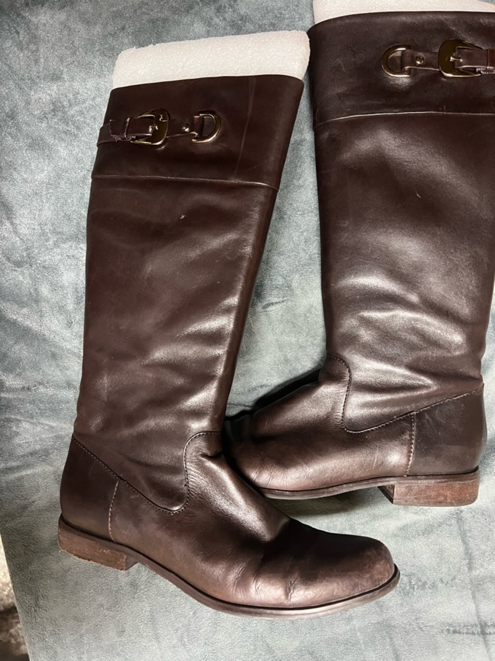 Anne Klein Dark Brown Over-the-Knee Leather Boots with Buckle Accent